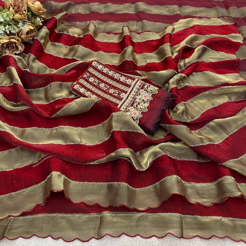 Maroon nc satin patta shadow swarovski saree