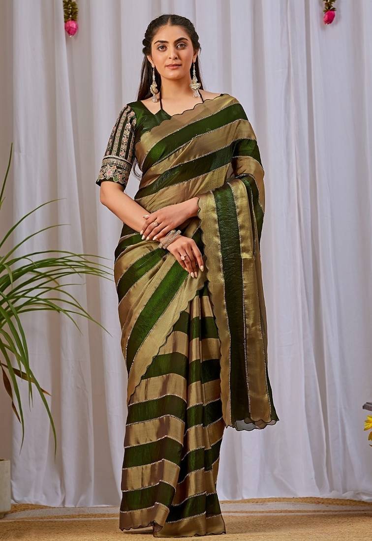 Mehendi nc satin patta shadow swarovski saree