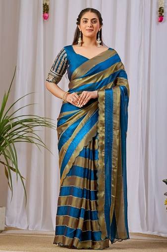 Teal nc satin patta shadow swarovski saree