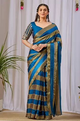 Teal nc satin patta shadow swarovski saree