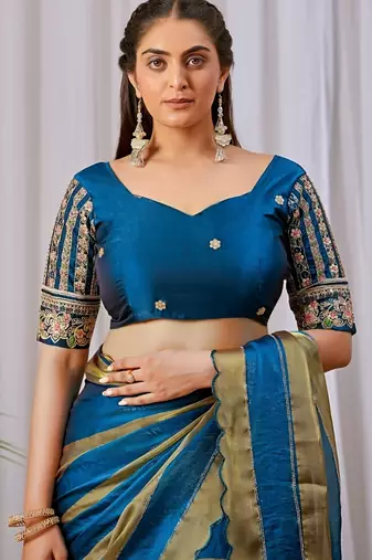 Teal nc satin patta shadow swarovski saree
