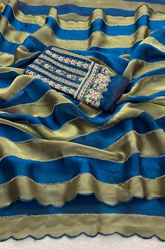 Teal nc satin patta shadow swarovski saree