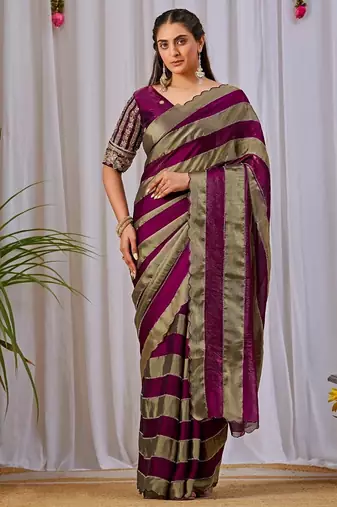 Wine nc satin patta shadow swarovski saree