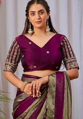 Wine nc satin patta shadow swarovski saree 4