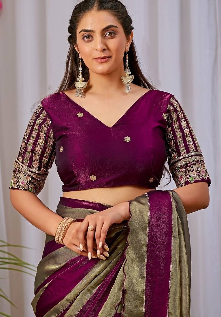 Wine nc satin patta shadow swarovski saree