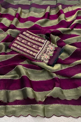 Wine nc satin patta shadow swarovski saree