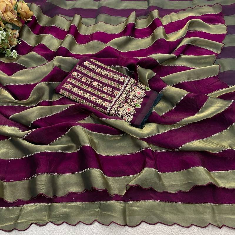 Wine nc satin patta shadow swarovski saree
