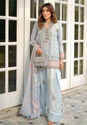 Premium japan satin embroidered top  farshi palazzo & printed dupatta set 1