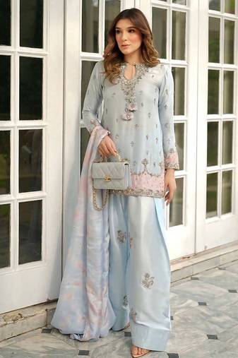 Premium japan satin embroidered top  farshi palazzo & printed dupatta set