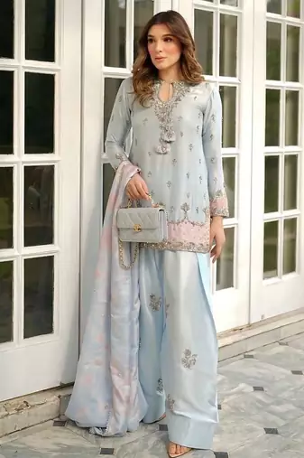 Premium japan satin embroidered top  farshi palazzo & printed dupatta set