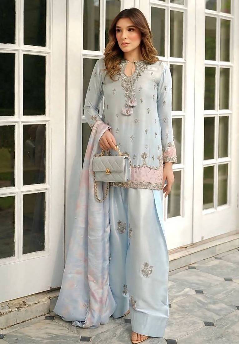 Premium japan satin embroidered top  farshi palazzo & printed dupatta set