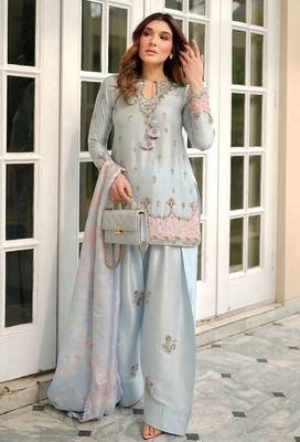 Premium japan satin embroidered top  farshi palazzo & printed dupatta set 2