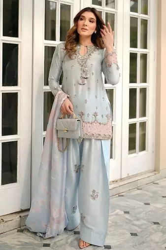Premium japan satin embroidered top  farshi palazzo & printed dupatta set
