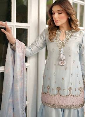 Premium japan satin embroidered top  farshi palazzo & printed dupatta set 3