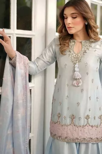 Premium japan satin embroidered top  farshi palazzo & printed dupatta set