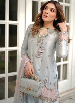 Premium japan satin embroidered top  farshi palazzo & printed dupatta set 4