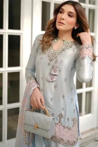 Premium japan satin embroidered top  farshi palazzo & printed dupatta set