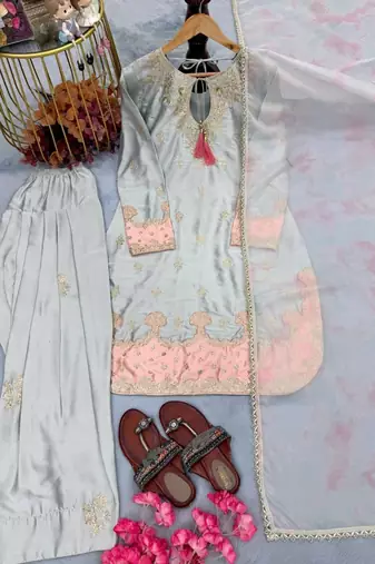 Premium japan satin embroidered top  farshi palazzo & printed dupatta set