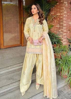Premium yellow japan satin embroidered top  farshi palazzo & printed dupatta set 1