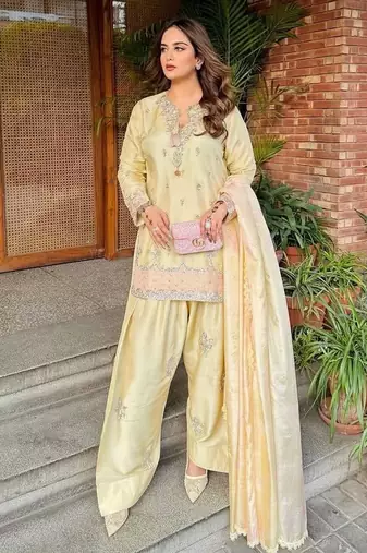 Premium yellow japan satin embroidered top  farshi palazzo & printed dupatta set