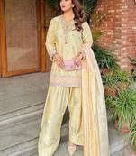 Premium yellow japan satin embroidered top  farshi palazzo & printed dupatta set
