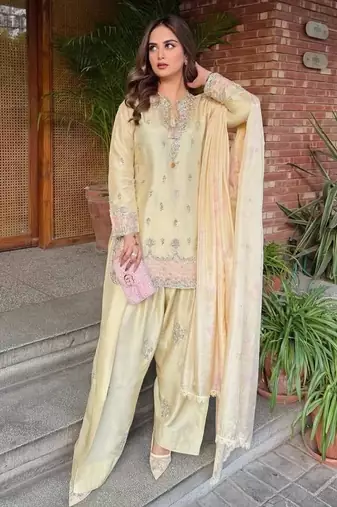 Premium yellow japan satin embroidered top  farshi palazzo & printed dupatta set