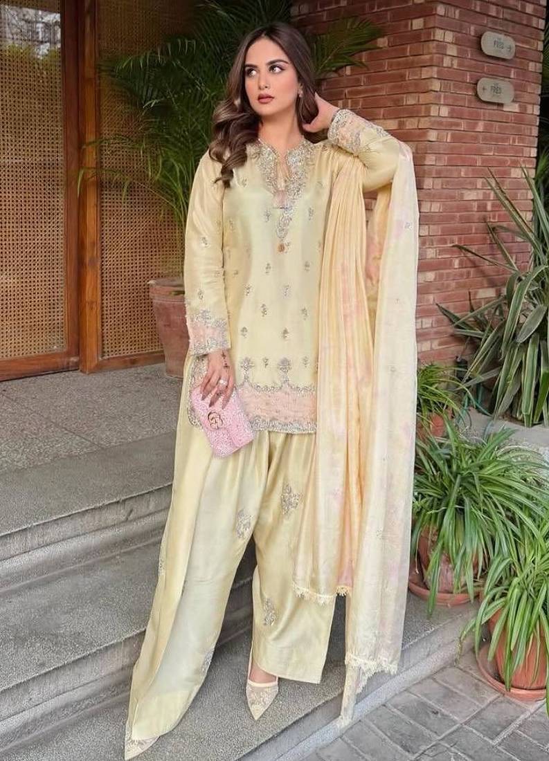 Premium yellow japan satin embroidered top  farshi palazzo & printed dupatta set