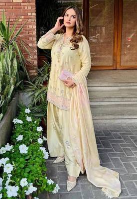 Premium yellow japan satin embroidered top  farshi palazzo & printed dupatta set 3