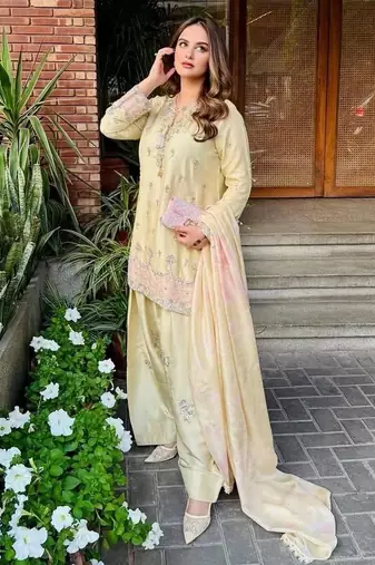Premium yellow japan satin embroidered top  farshi palazzo & printed dupatta set