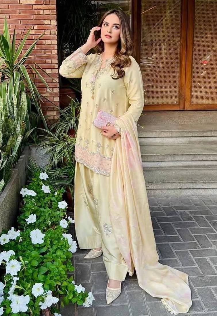 Premium yellow japan satin embroidered top  farshi palazzo & printed dupatta set