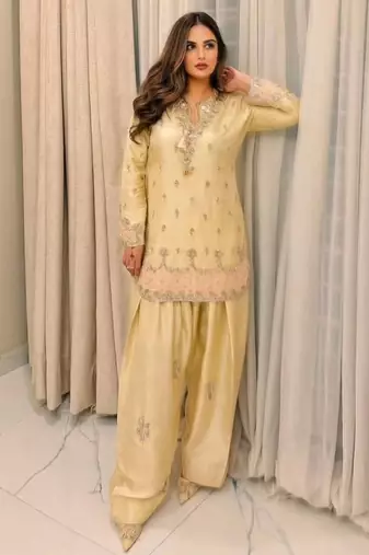 Premium yellow japan satin embroidered top  farshi palazzo & printed dupatta set