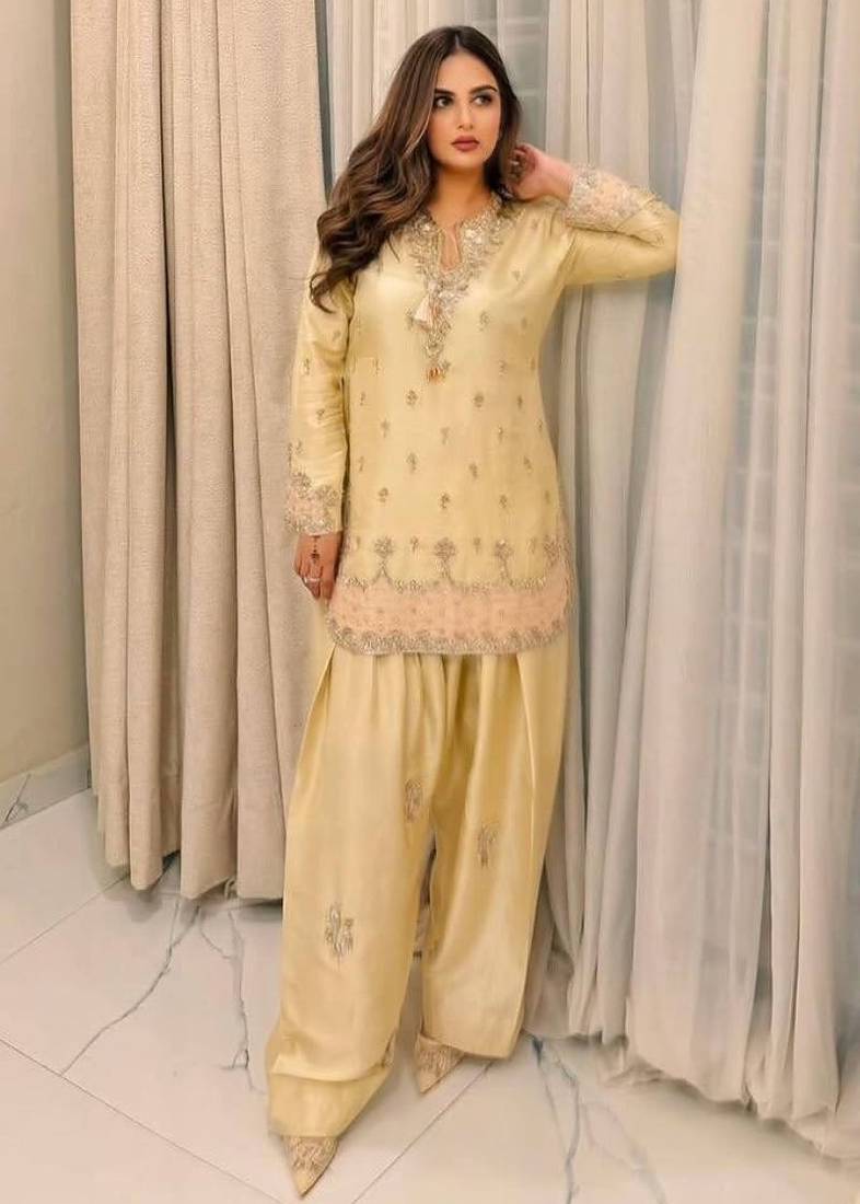 Premium yellow japan satin embroidered top  farshi palazzo & printed dupatta set