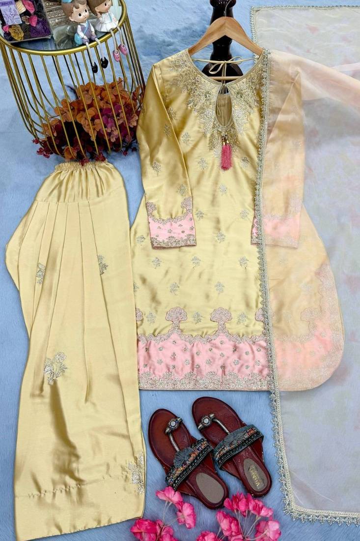 Premium yellow japan satin embroidered top  farshi palazzo & printed dupatta set