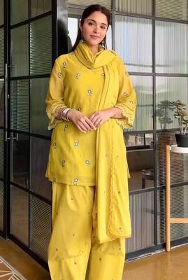 Yellow satin mul chanderi embroidered top  farshi palazzo & dupatta set 1