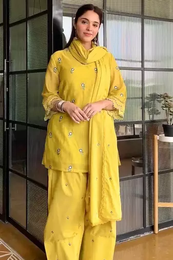 Yellow satin mul chanderi embroidered top  farshi palazzo & dupatta set
