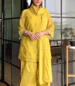 Yellow satin mul chanderi embroidered top  farshi palazzo & dupatta set