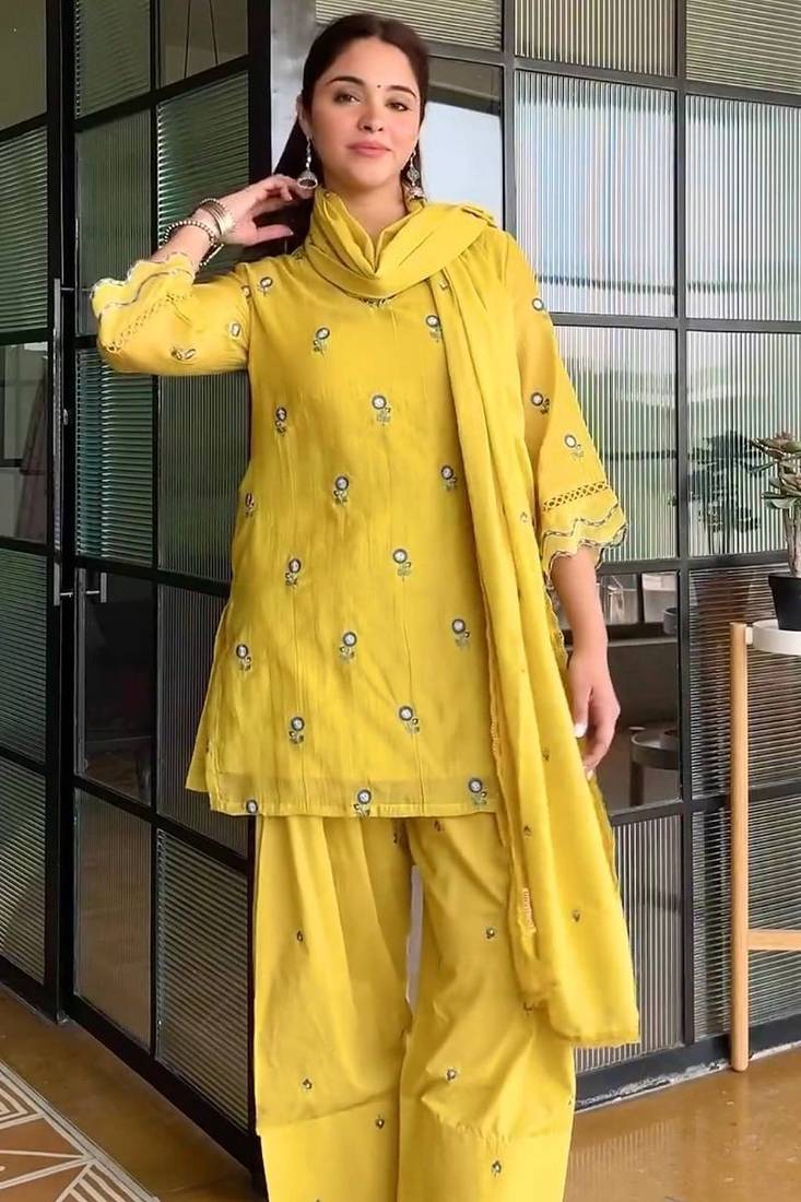 Yellow satin mul chanderi embroidered top  farshi palazzo & dupatta set