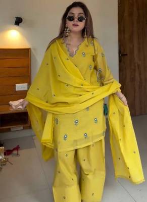 Yellow satin mul chanderi embroidered top  farshi palazzo & dupatta set 3