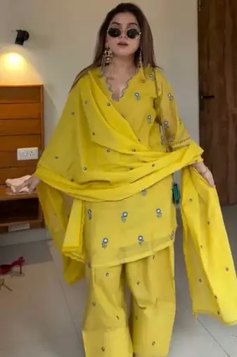 Yellow satin mul chanderi embroidered top  farshi palazzo & dupatta set
