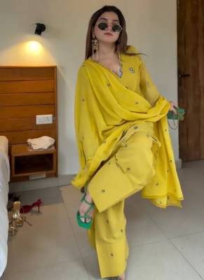 Yellow satin mul chanderi embroidered top  farshi palazzo & dupatta set 4