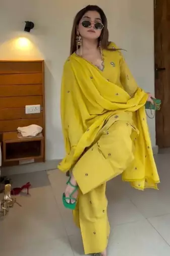 Yellow satin mul chanderi embroidered top  farshi palazzo & dupatta set