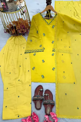 Yellow satin mul chanderi embroidered top  farshi palazzo & dupatta set