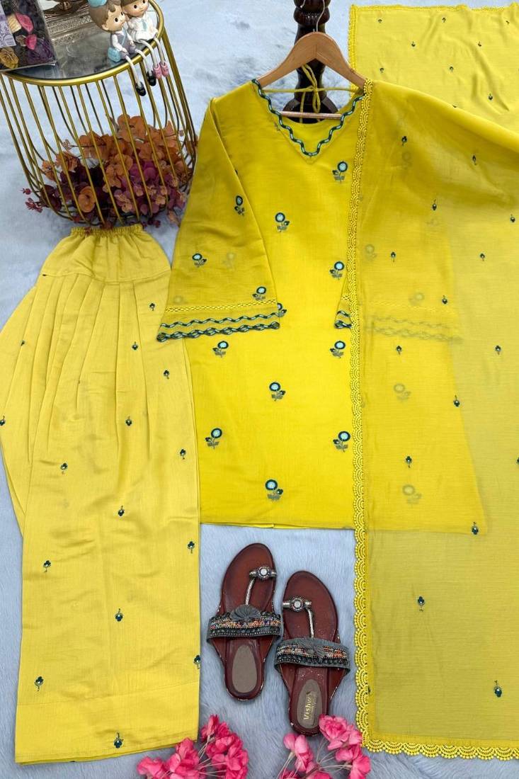 Yellow satin mul chanderi embroidered top  farshi palazzo & dupatta set