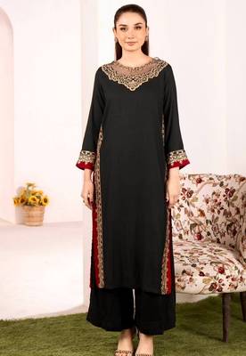 Black mul chanderi embroidered top  roman silk blend palazzo & dupatta set 1