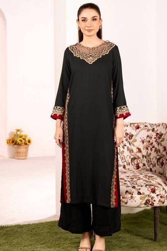 Black mul chanderi embroidered top  roman silk blend palazzo & dupatta set