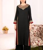 Black mul chanderi embroidered top  roman silk blend palazzo & dupatta set