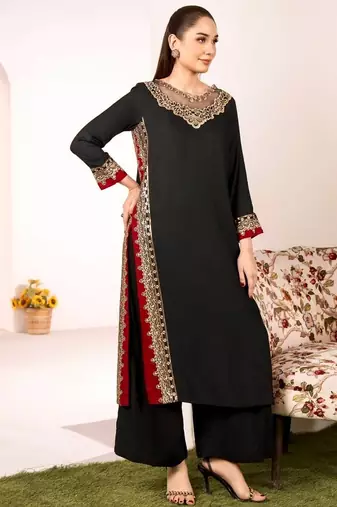 Black mul chanderi embroidered top  roman silk blend palazzo & dupatta set