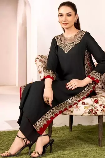 Black mul chanderi embroidered top  roman silk blend palazzo & dupatta set