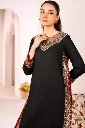 Black mul chanderi embroidered top  roman silk blend palazzo & dupatta set