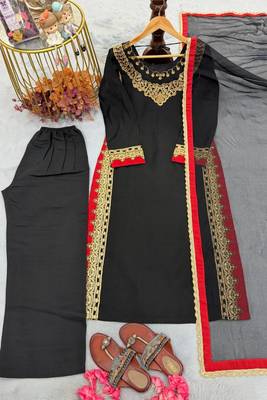 Black mul chanderi embroidered top  roman silk blend palazzo & dupatta set 5